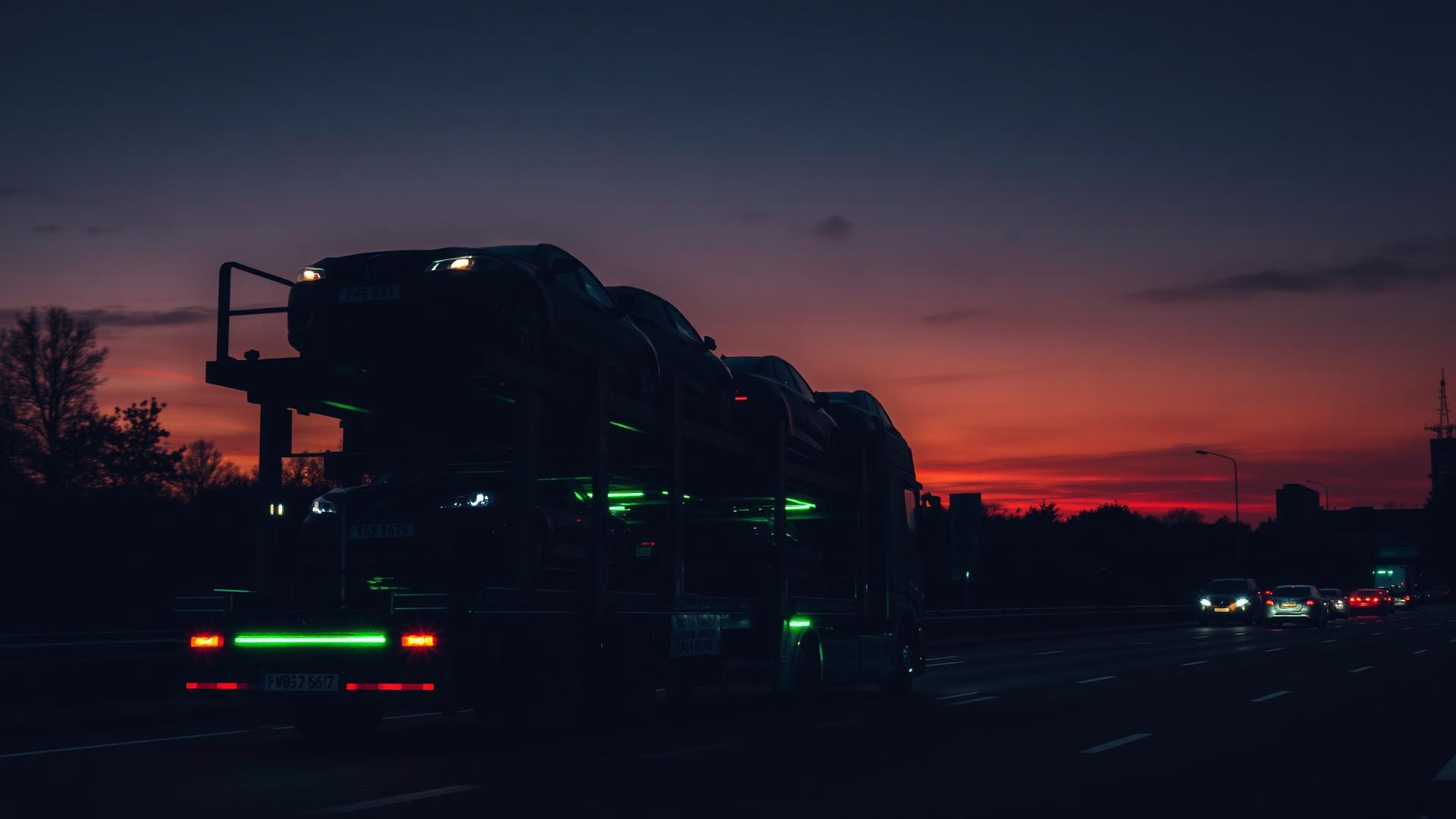 Car transporter delivering vehicles across the UK at dusk